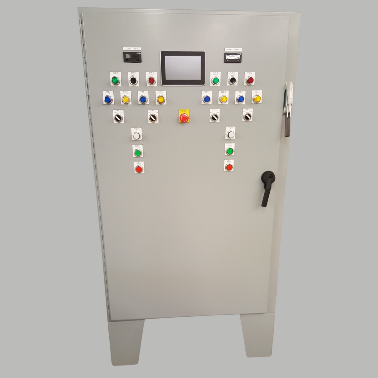 Wastewater Pump Station Upgrade with PLC, push buttons and meters.